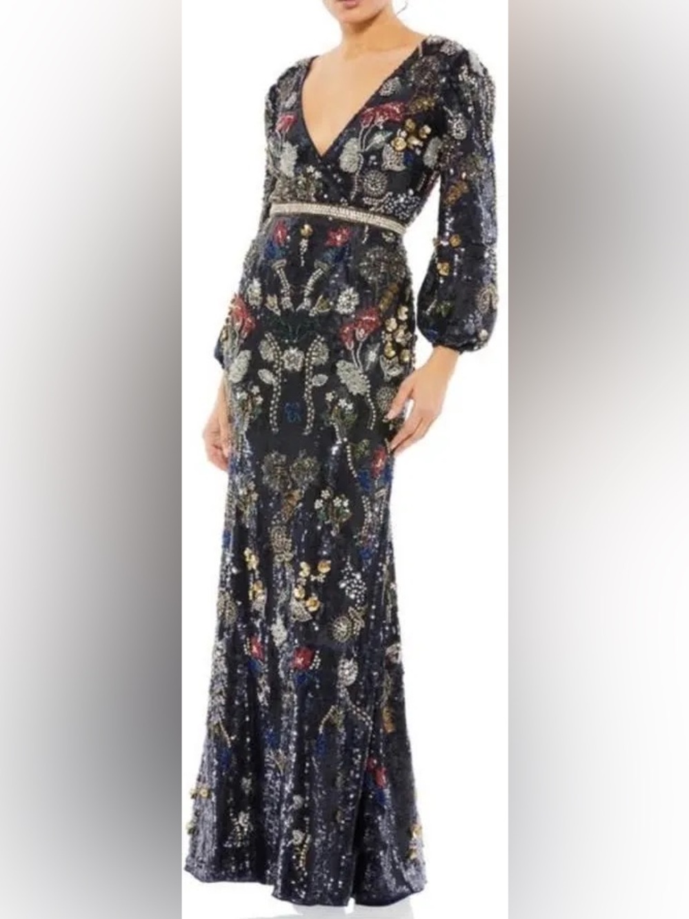 Mac Duggal Evening 93546 Midnight Multi Embellished Bishop Sleeve Gown $1798